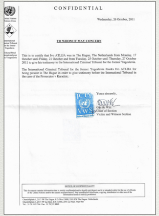 Certificazione TPI testimonianza Atlija al processo Karadžić - Archivio personale di Ivo Atlija  e Frano Piplović