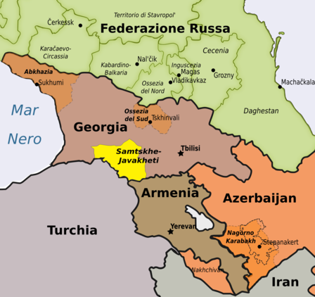 In giallo, la regione Samtskhe-Javakheti (mappa di Osservatorio Balcani e Caucaso)