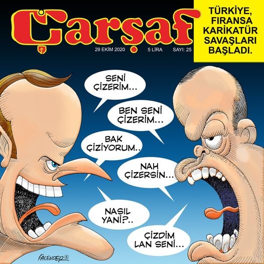 TURCHIA E FRANCIA HANNO INIZIATO LA GUERRA DELLE VIGNETTE – Ti marco*… – Io, ti marco… – Guarda ti sto marcando… – Ti piacerebbe… – Come scusa? – Tié, ti ho marcato… * Il verbo impiegato nell’originale può significare contemporaneamente “disegnare”, “graffiare”, “grattare via”, “cancellare”, “eliminare”, N.d.T.