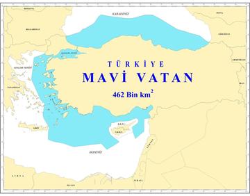 Una mappa che rappresenta la politica turca della cosiddetta "Patria Blu" (Cihat Yaycı, Wikimedia -  CC BY-SA 4.0)