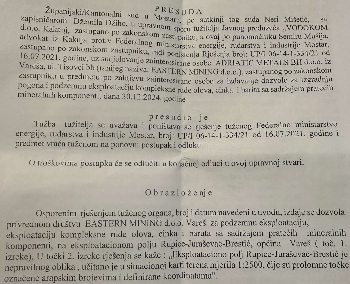 Sentenza del tribunale cantonale di Mostar