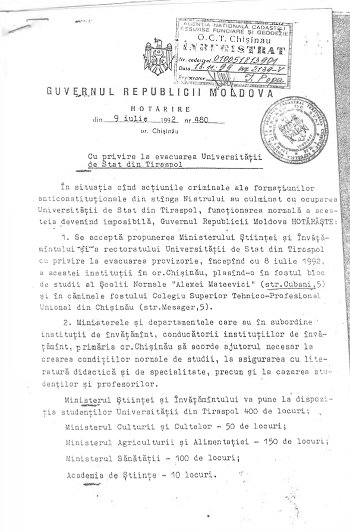 Il documento con cui si spostava nel 1992 l'università di Tiraspol a Chisinau